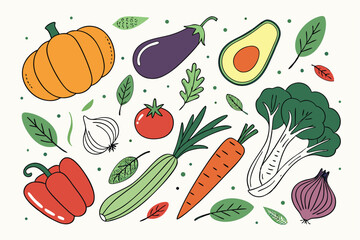 Hand drawn colorful vegetables and salad. Modern abstract minimal style. Healthy organic food. Tomatoes, onion, zucchini, eggplant, leek, potatoes, corn, peppers, beet. Vector flat illustration. 