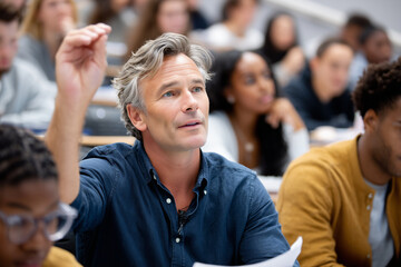 Fototapeta premium Close up, Professor lecturing students in a university lecture hall