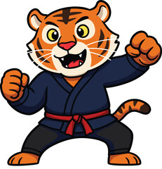 Cartoon tiger character in karate uniform, martial arts pose, red belt fighter animal mascot, strong and brave tiger illustration, vector drawing, isolated background © Titan