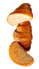 Top view of a loaf of brown croissant with two halves in stack isolated in png file format