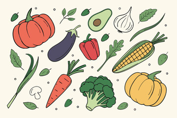 Hand drawn colorful vegetables and salad. Modern abstract minimal style. Healthy organic food. Tomatoes, onion, zucchini, eggplant, leek, potatoes, corn, peppers, beet. Vector flat illustration. 
