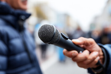 Close up, Journalist interviewing someone on a city street