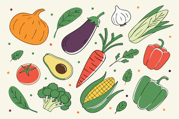 Hand drawn colorful vegetables and salad. Modern abstract minimal style. Healthy organic food. Tomatoes, onion, zucchini, eggplant, leek, potatoes, corn, peppers, beet. Vector flat illustration. 