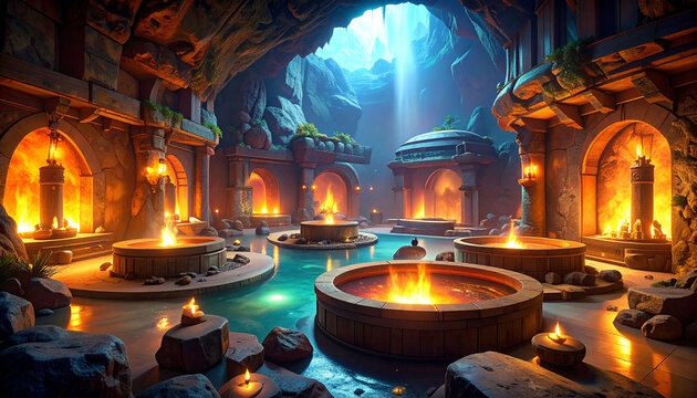 A subterranean temple complex with glowing fires and pools of turquoise water, nestled within a mountainous cavern illuminated by a shaft of light