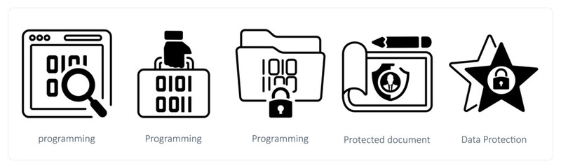 A set of 5 mix icons as programming, protected document, data protection