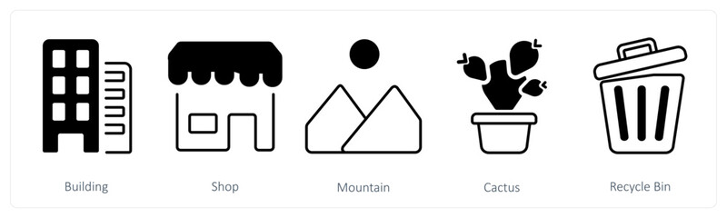 A set of 5 mix icons as building, shop, mountain