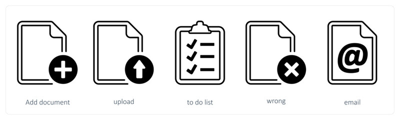 A set of 5 mix icons as add document, upload, to do list
