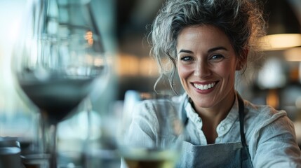 A cheerful waitress with curly hair smiles warmly at the camera in a modern cafe setting, showcasing the welcoming ambiance of hospitality in her workplace during a busy evening.
