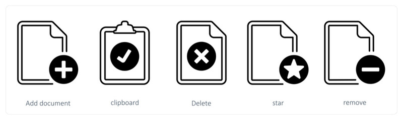 A set of 5 mix icons as add document, clipboard, delete