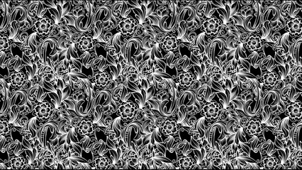 Intricate floral pattern with white flowers and leaves on a black background in a seamless design