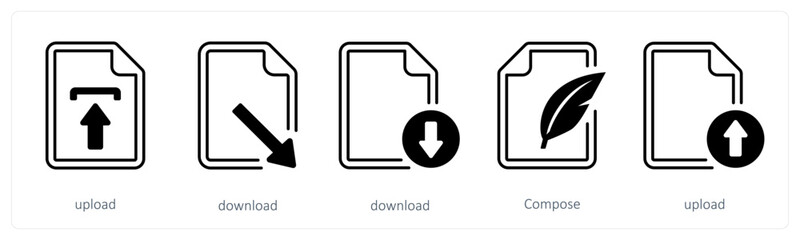 A set of 5 mix icons as upload, download, compose