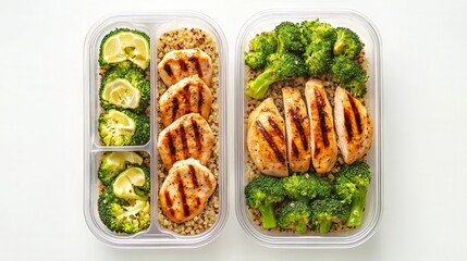 Grilled Chicken Meal Prep with Broccoli and Quinoa in Containers on White Background
