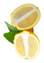 Front view of ripe yellow lemon fruit with two halves in oval or ellipses in heap isolated with...