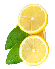 Front view of ripe yellow lemon fruit or slices in three circles with green leaves isolated on...