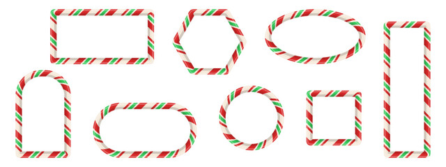 Set of striped frames with red, white, and green candy cane texture. Includes circular, square, and oval borders. Designed as decorative holiday elements for templates and cards. Vector illustration.