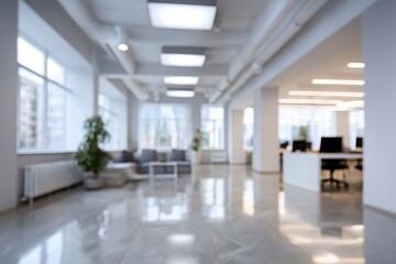Blurred office lobby sofas plants desks under lights