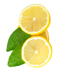 Front view of ripe yellow lemon fruit or slices in three circles with green leaves isolated with...