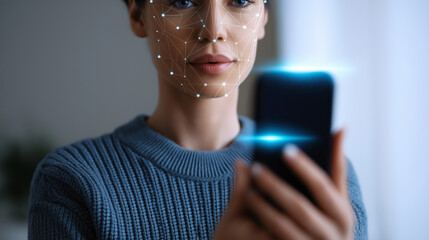 Woman using facial recognition technology on a smartphone for identity verification.
