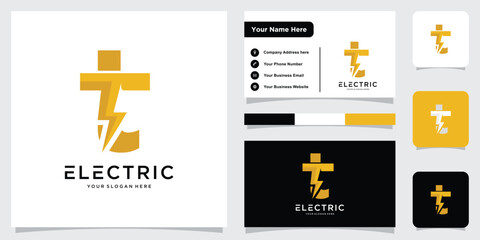 Flash T Letter Logo Icon, Electrical Bolt With Initial T Letter Logo Design with business card design