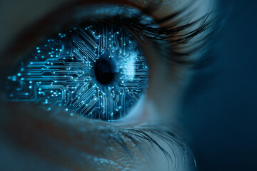 a close up of a person's eye with a circuit in the iris