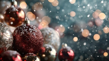A captivating close-up of beautifully decorated Christmas ornaments glistens in the falling snow, creating a magical atmosphere that embodies festive joy and holiday spirit.