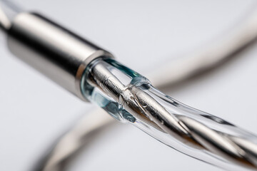 Fototapeta premium Close up, A metallic tube and a glass tube intertwined against white background