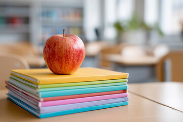 A stack of colorful textbooks and a shiny apple on a teachers desk, shallow depth, 