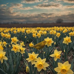Fototapeta premium Yellow warbler in yellow daffodils under soft sky
