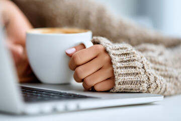 Close up, An exhausted customer service rep snoozing on her computer with her hand still clutched to her coffee
