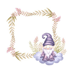 Cute sitting gnome and flower sprigs watercolor illustration. Hand drawn isolated square frame. Floral border background with elf for baby design. Template postcard with copy space childrens theme.