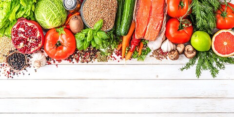 Assortment of fresh healthy vibrant foods