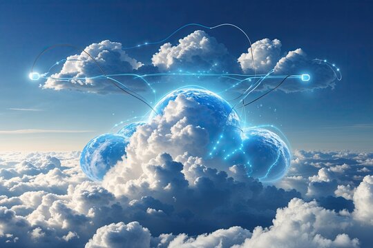 Smart Cloud Solutions Graphic: Dreamy Cloud Connected with Telecom Wire and Technology Connectivity