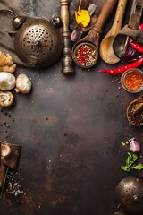 Culinary ingredients and utensils composition flatlay