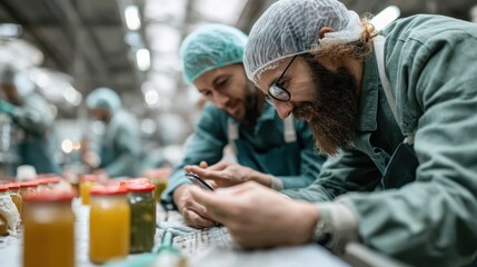 In a production room, two engaged male workers in casual attire collaborate while reviewing items on their smartphones, illustrating teamwork and efficiency in a modern factory setting.