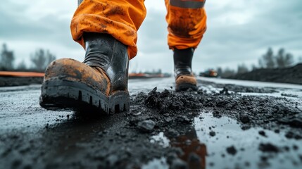 A focused construction worker in bright orange gear trudging through a muddy construction site, showcasing determination amidst tough working conditions and a commitment to the job.
