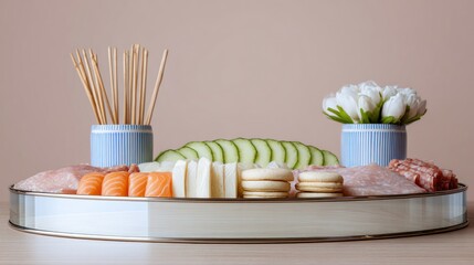 Elegant Appetizer Platter with Sushi Salmon Cheese and Cucumber
