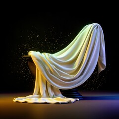 Elegant White Fabric Draped on Dark Pedestal with Golden Light