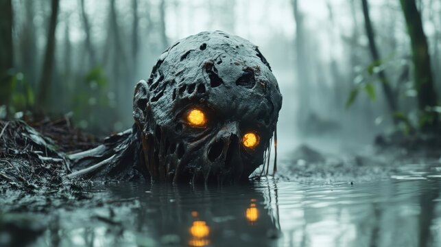 A haunting skull partially submerged in murky water with glowing orange eyes, surrounded by a misty forest, creating an eerie atmosphere with an unsettling presence.