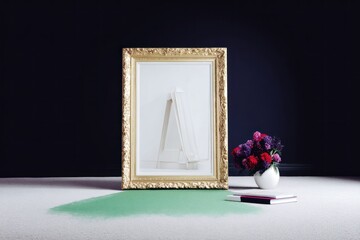 Empty Gold Frame with White Paper and Flowers on Carpet