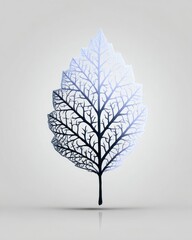 Ethereal Leaf Shadow: Blue and Grey Veined Leaf Silhouette on Light Grey Background