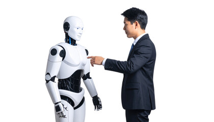 Business Professional Collaborating with Robot in Office isolated on white background
