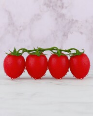 Four Red Cherry Tomatoes on Vine on Marble Surface