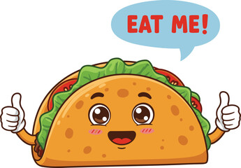 Cute happy taco cartoon character with face, thumbs up, speech bubble eat me, smiling food mascot, fast food Mexican snack illustration, fun design