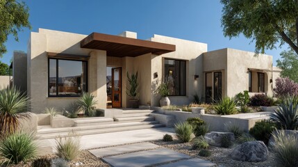 Earth-tone accent wall with lush landscaping surrounding a minimalist family home
