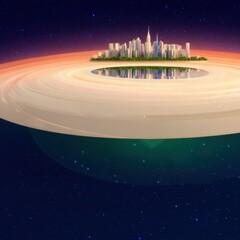 Futuristic City Island in Space: Night Cityscape with Modern Architecture and Starry Background
