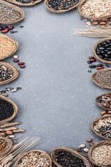 Grains seeds nuts in wicker baskets