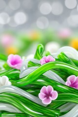 Green And White Glass Sculpture With Pink Flowers