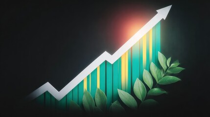 Green and Teal Stock Market Graph Showing Upward Trend with Leaves