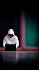 Hooded Figure Working on Laptop in Dark Room