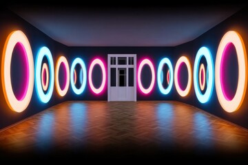 Hypnotic Neon Rings Dance in Dark Room